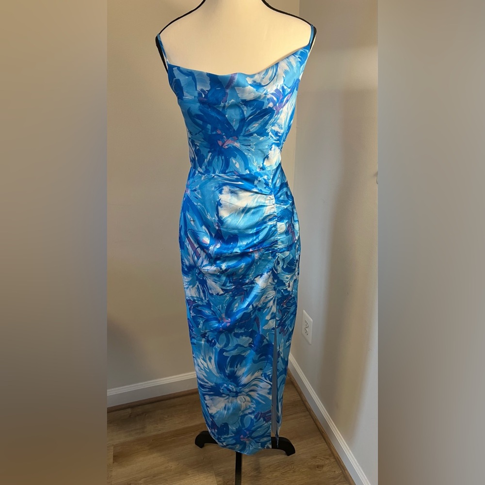 Milly Blue Floral Satin Midi Dress Size 0 Ruched Bodycon Spaghetti Strap Elegant